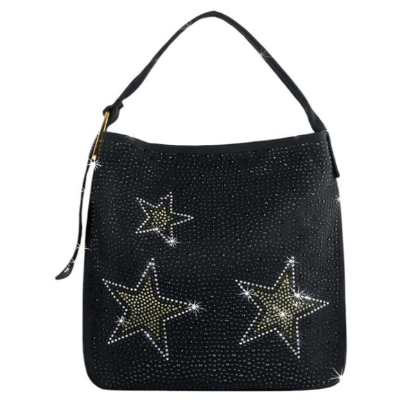 SALE Rhinestone Bling Stars Studs Denim Black Tote Shoulder Handbag Purse - Picture 3 of 6